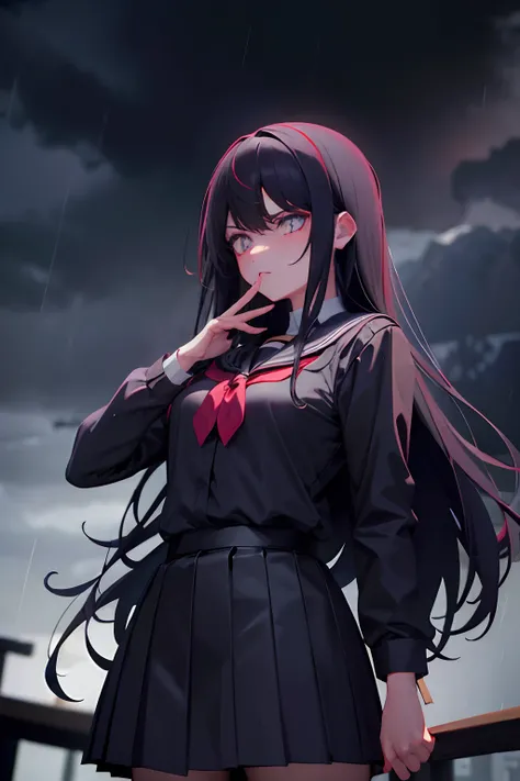 D, evil god, dark school girl outfit, school girl, long hair, only black hair, arrogant, you can see rain and dark in the background,