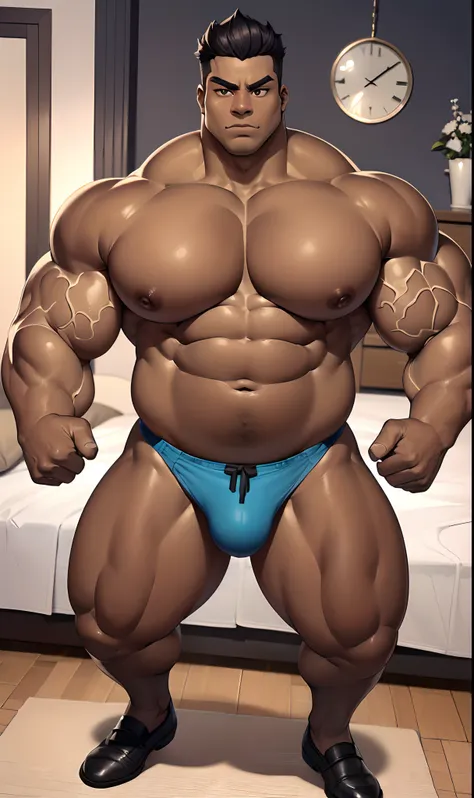 solo,Big muscles,(hyper pecs:2.0),big nipples,Chubby,Belly,(((plump))),bodybuilder,thick arms,large arms,thick tight,                  very thick body,(oiled skin,dark skin,dark-skinned male:1.2), obi akitaru, muscle posing,in the bedroom,masterpiece,best ...