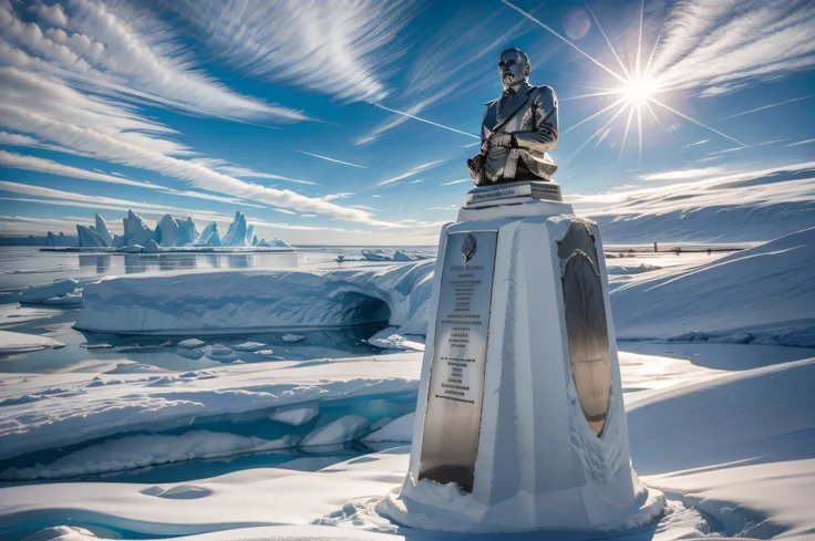 the resplendent solid silver bust of lenin sits upon a granite plinth, embossed writing, frozen wasteland of antarctica, daytime...