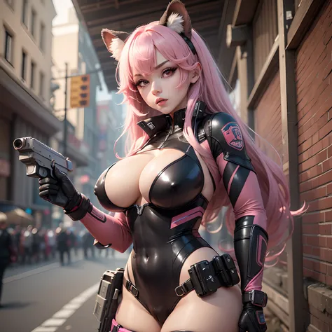 （tmasterpiece：1.3），（best qualtiy：1.3），......。.。.3D，8K，1个Giant Breast Girl，独奏，with pink hair，Pink eyes，shelmet，full bodyesbian，Tight combat uniform，tightsuit，mitts，gun holster，hand gun，unified，Q version，huge tit，slimfigure，Cocked buttocks，Stretch meat