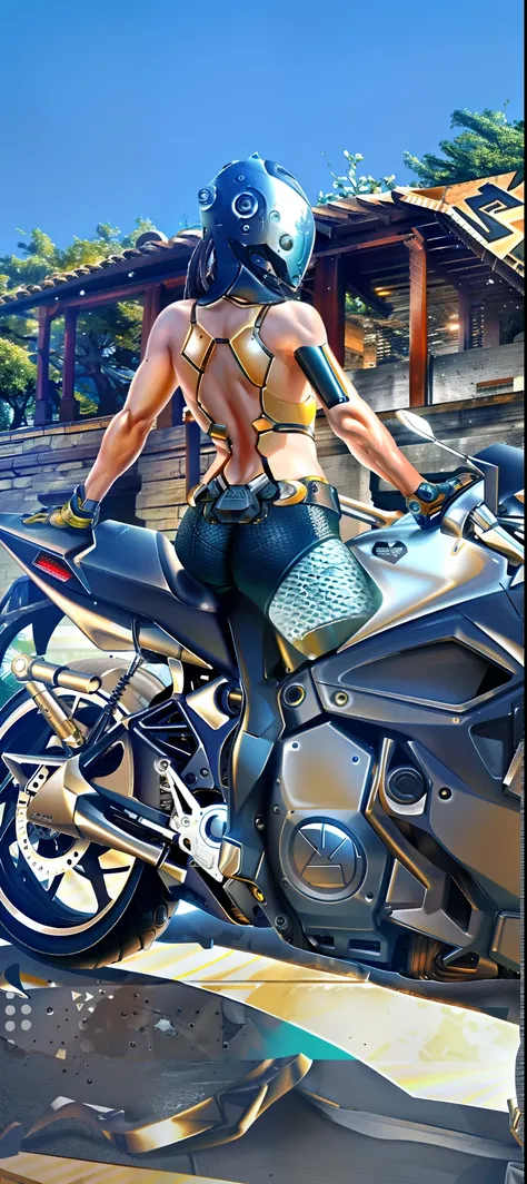 Bruja Escarlata de Marvel Photography, vista de espaldas, Behind your bike, cuerpo delgado, culo perfecto, biomechanics, robot complejo, crecimiento completo, hiperrealista, casco de moto completo , Casco cyberpunk complejo, casco con detalles intrincados,...