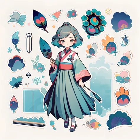 1 sticker, handbook, (sticker, 1 girl, Korean clothes, gorgeous collar top, pleated long skirt, embroidery, peacock, hairpin, folding fan, feather, parts split), watercolor, white background, simple background, minimal, cute, tiny, pastel color, vector sty...