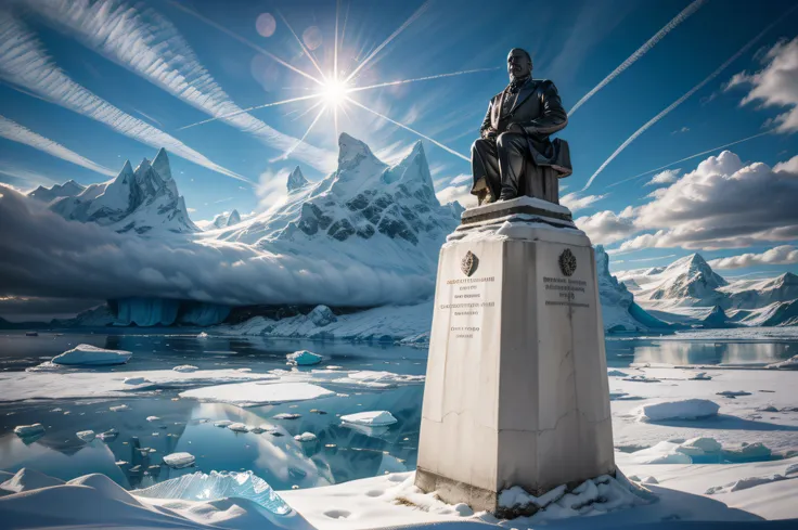 the resplendent solid silver bust of lenin sits upon a granite plinth, embossed writing, frozen wasteland of antarctica, daytime...