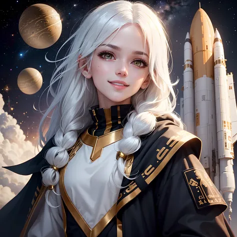 best quality, white hair, gold eyes, black clothes, looking up, upper body, hair strand, Fair skin, smiling, space shuttle