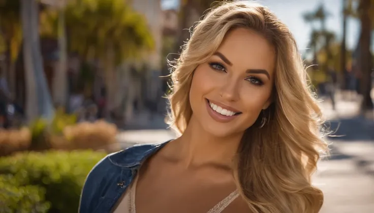 a smiling blonde walks down the street in LA. sexy 25 year old. realistic photo. ultra detailed. in sexy clothes HDR, very realistic, photorealism, 8k, cinematic lighting, natural pose, hispanic, full body, perfect angle, sexy girl with brown eyes, ultra r...