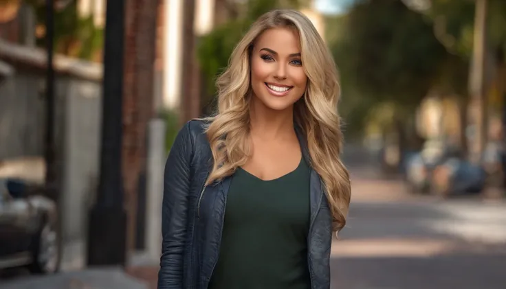 a smiling blonde walks down the street in LA. sexy 25 year old. realistic photo. ultra detailed. in sexy clothes HDR, very realistic, photorealism, 8k, cinematic lighting, natural pose, hispanic, full body, perfect angle, sexy girl with brown eyes, ultra r...