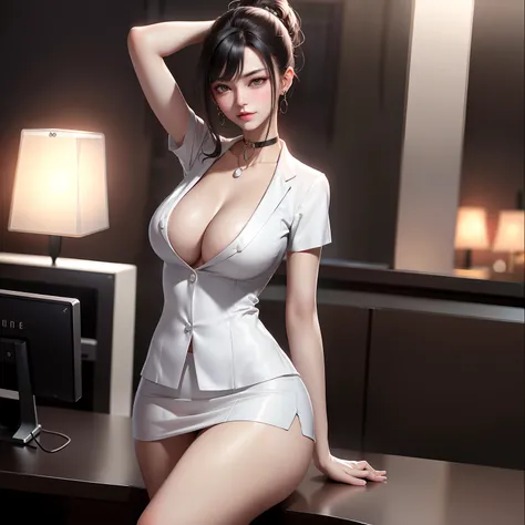 best qualtiy，Full body like，Cinema lenses，Refined face，pretty  face，20yo woman，ssmile，slimfigure，medium chest circumference，Office president white petticoat，Delicate and gorgeous black blazer，Office wear，Beth，interior scenes，office room，Open the collar，Exp...