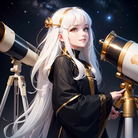 best quality, white hair, gold eyes, black clothes, looking up, hair strand, Fair skin, smiling, astronomical telescope