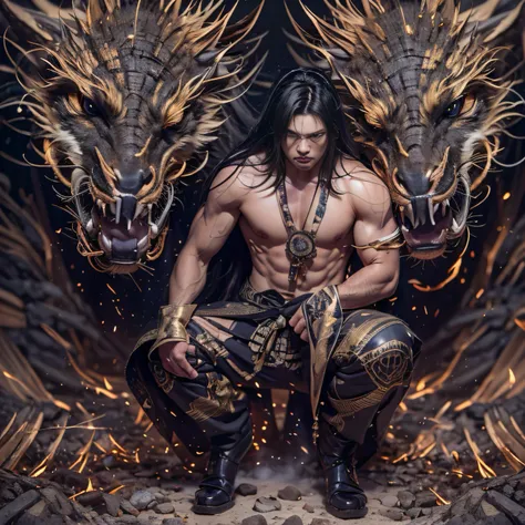 （废墟）eyes filled with angry，He clenched his fists，Rush up，Deliver a fatal blow to your opponent，full bodyesbian，Full Body Male Mage 32K（tmasterpiece，k hd，hyper HD，32K）Long flowing black hair，Campsite size，zydink， a color， patriot （废墟）， （Linen batik landscap...