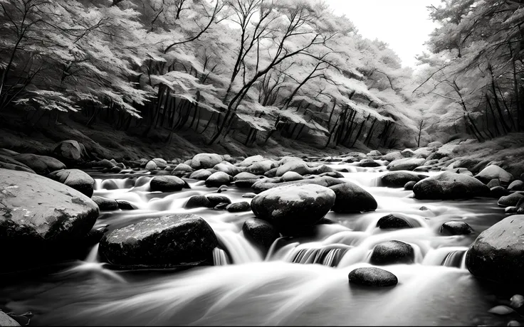 Create a stunning black and white landscape photograph featuring a greyish stream with brightly colored translucent turquoise and light blue pebbles, capturing the natural beauty of the landscape in its simplicity. The photograph should be taken during the...