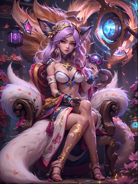 ((Best quality)) , ((Masterpiece)) , (Detailed) , unity engine, Line-of-sight horizontal lens from the original Heisei era (League of Legends:Ahri the Nine-Tailed Fox) , Directing episodes, Dressed in shabby acid color Lehenga, Geek wallet, Spooky Barrett,...