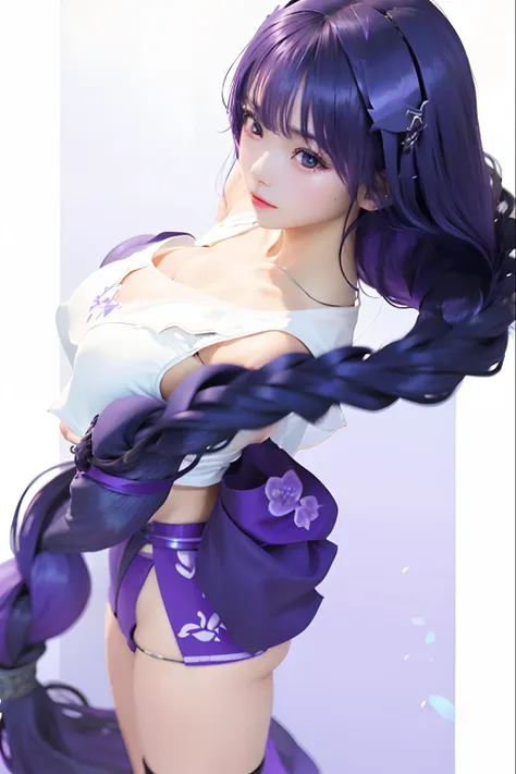 1girl, raiden shogun, bikini, long hair, purple hair, relistic, ultra detail, 70mm lens,