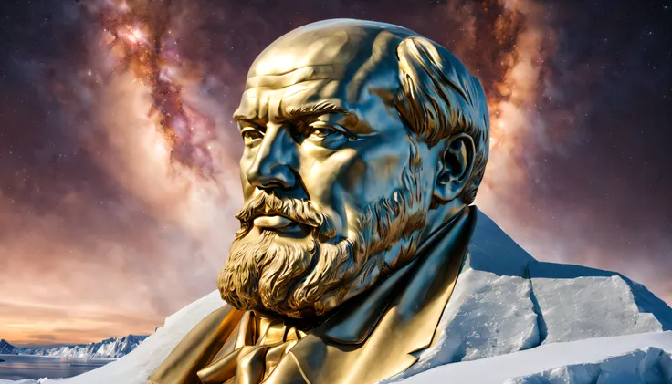 the resplendent solid gold bust of lenin, marble embossed plinth writing, frozen wasteland of antarctica, nighttime, brilliant m...