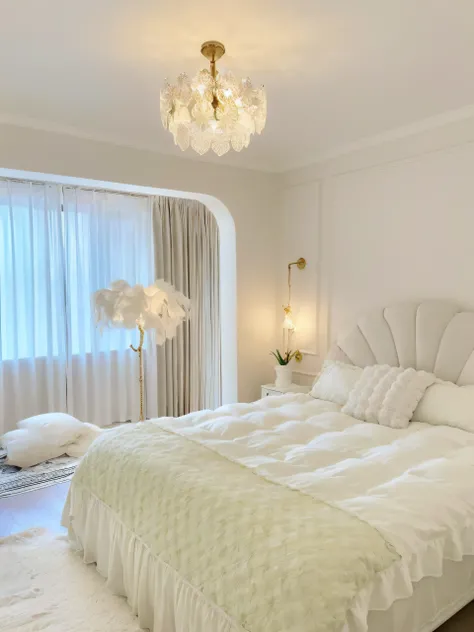 White bedroom with white quilt and pillow Alafid bed, White bed, Bed room, serene and peaceful style, cream - colored room, light cream and white colors, cream and white color scheme, dreamy and detailed, Dreamy and ethereal, Ethereal and dreamy theme, A b...