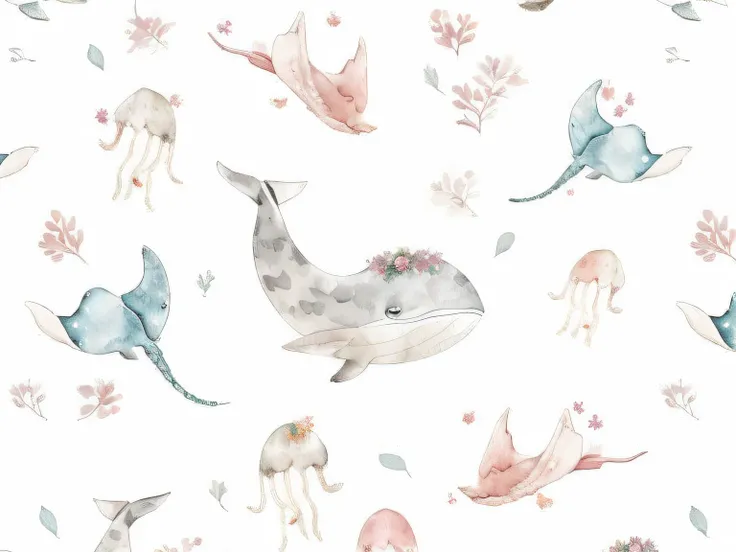 A closeup of a watercolor pattern, animals and flowers, Baleias, sky whales, monstros baleia, baleias voadoras, baleia, ocean pattern, no oceano, Queda de baleia, no oceano, space magical whale, no mar, criaturas marinhas, magical ocean, Baleia voadora, Ba...