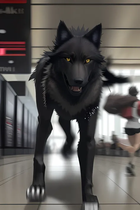 Black Wolf running through the airport hall, Anime style, There is a scoreboard at the airport and a lot of people in the background