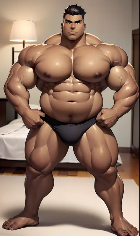 solo,Big muscles,(hyper pecs:2.0),big nipples,Chubby,Belly,(((plump))),bodybuilder,thick arms,large arms,thick tight,                  very thick body,(oiled skin,dark skin,dark-skinned male:1.2), obi akitaru, muscle posing,in the bedroom,masterpiece,best ...