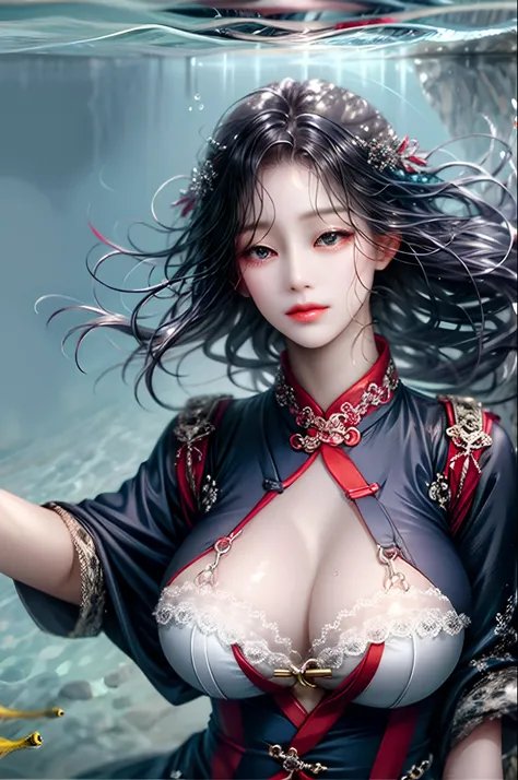 Close-up of half a body underwater。Lori huge breasts cleavage。nakeness。Huge Chest