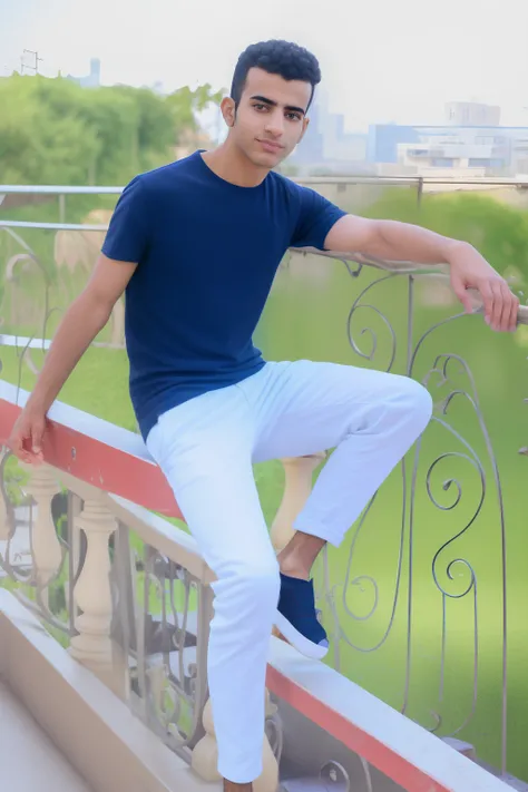 arafed man sitting on a railing with his foot on a rail, with a cool pose, casual photography, cool pose, casual pose, full body photogenic shot, riyahd cassiem, very cool pose, full body picture, very artistic pose, mohamed chahin, taken with canon 8 0 d,...