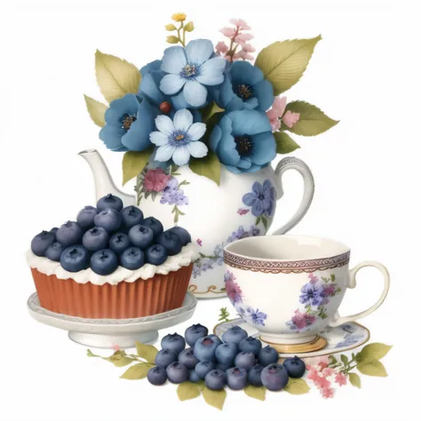 Theres a cupcake and a cup of blueberries on a plate, Mirtilos, Directed by: Margit Anna, mirtilo, tea party, mirtilos na lateral, feito de flores e bagas, by Perin del Vaga, vestindo uma baga azul, Directed by: John Backderf, by Alice Prin, Directed by: E...