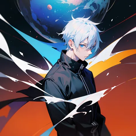 Gojo Saturo, Black Jacket, Cool, Space background, Jujutsu Kaisen, Dreamy, Sky clear blue eyes, White hair,Sensei