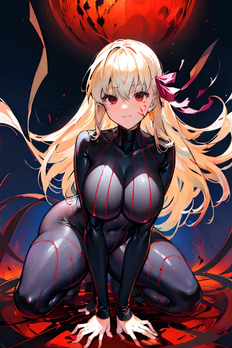 Anime style face　a blond　Black full body suit　Red lines all over the body　huge tit　Big ass　Whip thighs　bare-legged　seductiv　a smile　succubus　crouching down