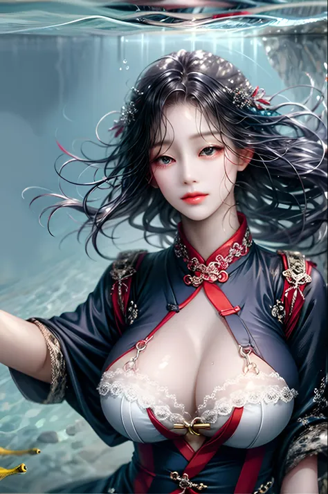 Close-up of half a body underwater。Lori huge breasts cleavage。nakeness。Huge Chest