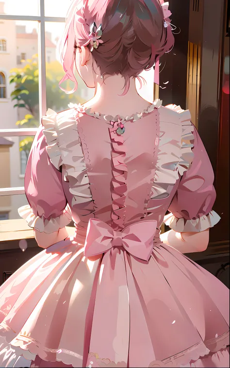 The Alfid girl in the pink dress looked out the window, Victorian dress, wearing a pink ballroom gown, with soft pink colors, frilld, Wearing a pink dress, Rococo dress, frill, Romantic dress, victorian style costume, victorian inspired clothing, Pink dres...