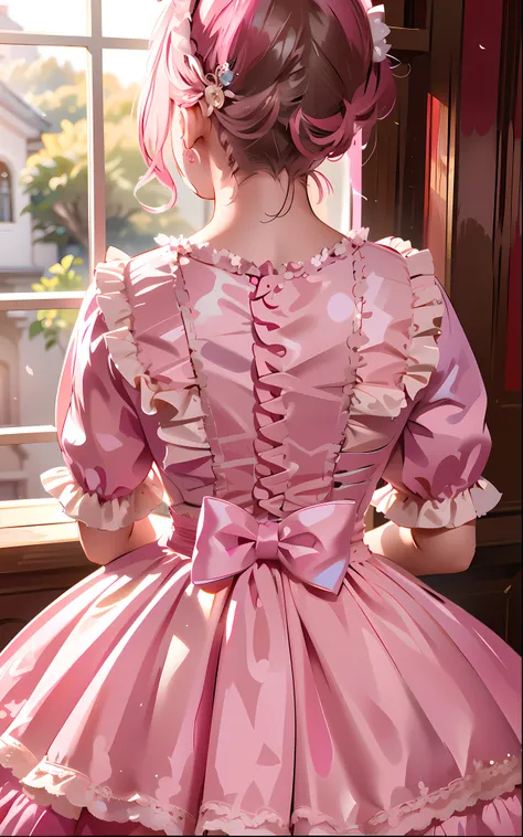 The Aalfed girl in the pink dress looked out the window, Victorian dress, wearing a pink ballroom gown, with soft pink colors, frilld, wearing a pink dress, Rococo dress, frill, Romantic dress, victorian style costume, victorian inspired clothing, Pink dre...