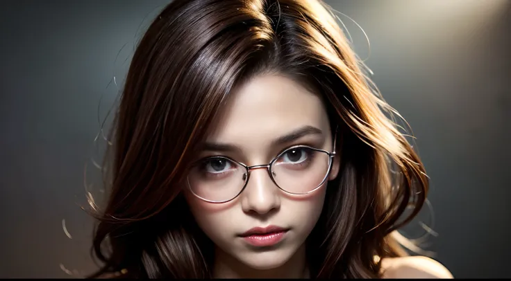 ((light brown hair)), dark brown eyes, visible pink lips, ((oval glasses)), 20 year old, beauty, half body portrait, 1, slender, extremely beautiful face, exquisite face