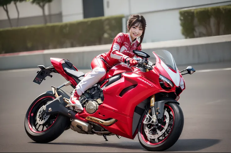 ((photographrealistic)), (realistic), (best quality), (masterpiece), (ultra high definition), ray tracing, ((one Japanese female wearing aodai)), (riding on the DUCATI Panigale v2), high definition face, high definition finger, high definition costume, clo...