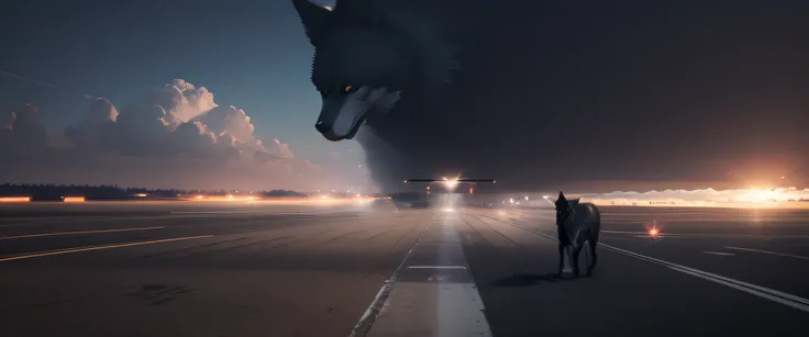 black wolf is running across the airport landing strip