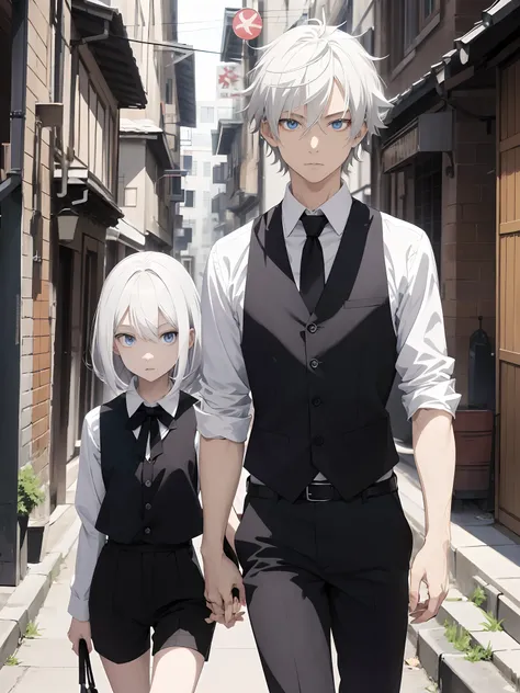 masterpiece,high quality, ((anime art style)),(flat color),Sharp,looking at viewer,1Girl,White hair,SkyBlue eyes,tsurime,medium hair,hair between eyes,White collared shirt,black collared vest,black shorts,expressionless Face,twilight,alley,walking