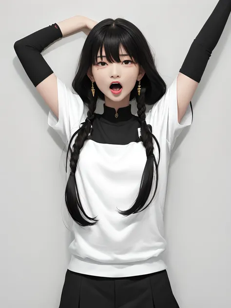 tmasterpiece， Best quality at best， 1girll， 独奏， teardrop， Be red in the face， dreads， scream， and the tongue sticks out， laughingly， with her mouth open， roll eyes， head looking up， full bodyesbian， Armpits， Arms up， （Torso grab， Tickle， mitts， Intangible ...