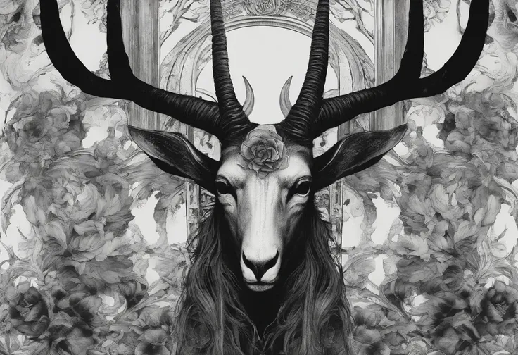 The head of the antelope with luxurious and striking horns, add floral details around it, bring a sense of horror and eerie feeling to the picture,(black and white image)