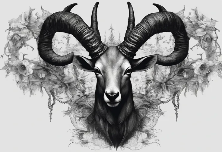 The head of the antelope with luxurious and striking horns, add floral details around it, bring a sense of horror and eerie feeling to the picture,(black and white image)