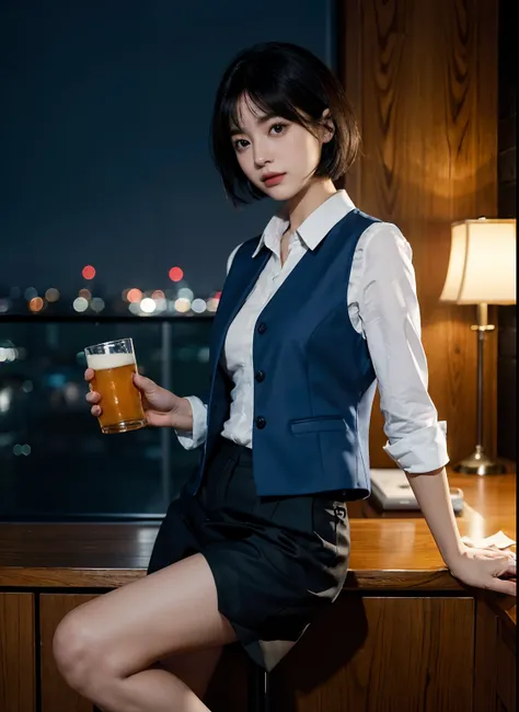 (8K、top-quality、​masterpiece:1.2)、(realisitic、Photorealsitic:1.37)、ultra-detailliert、女の子 1 人、End of work、Holding a beer in one hand、cute little、Beautiful detailed night sky、Sitting by the window、small tits,Beautiful fineness,(shirt with collar:1.1),natta,B...