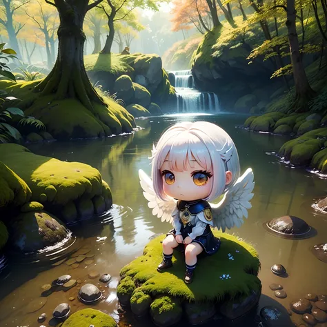 ​masterpiece、top-quality、ultra-detailliert、(Chibi Angel:1.2)、White Bob Hair、Fairytale autumn lake、Sit on moss rocks、The rainbow shines、morning sunlight、