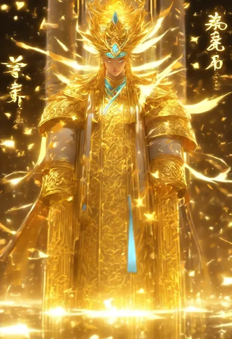 1boys,Solo,Young scholars of ancient China，Holding a golden brush，Writing is in full swing，(Transparent glowing golden Chinese characters hovered in midair:2)，Vertical text，glittery，Scholar in blue robes，Long flowing hair flutters in the wind，16k, hyper HD...