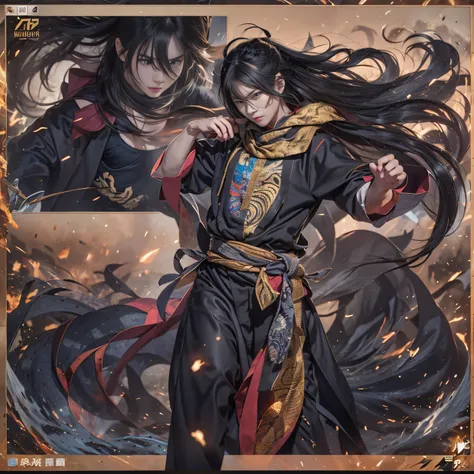 （废墟）eyes filled with angry，He clenched his fists，Rush up，Deliver a fatal blow to your opponent，full bodyesbian，Full Body Male Mage 32K（tmasterpiece，k hd，hyper HD，32K）Long flowing black hair，Campsite size，zydink， a color， patriot （废墟）， （Linen batik scarf）， ...