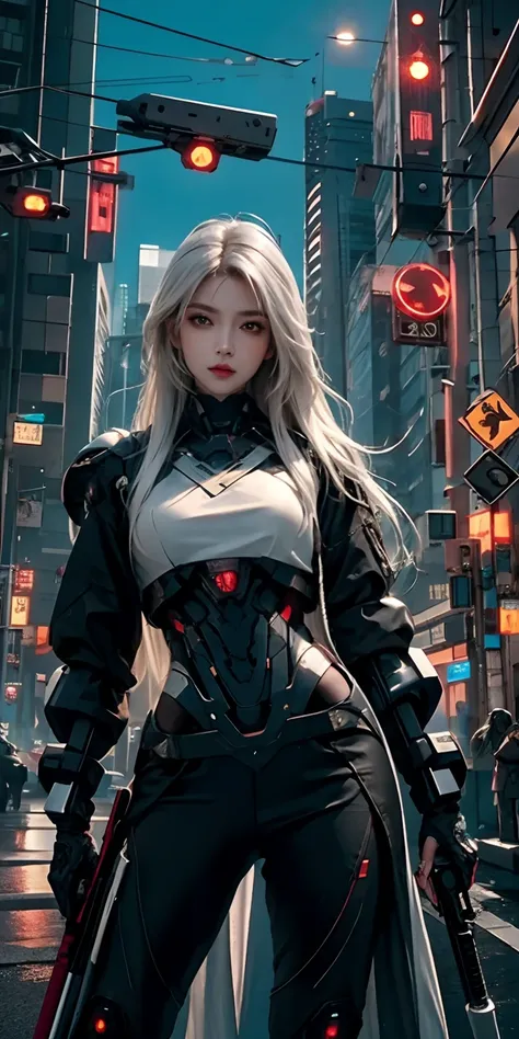 photorealistic, high resolution, soft light,1women, solo, hips up, (detailed face), white long hair, cybersamurai, cyborg, cyberpunk,  cyber armor, holding weapon,glowing,gun, sniper, on the street