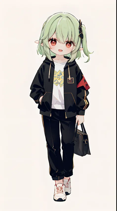 1girll, Solo, Green hair, Red eyes, Short hair, shirt, Open mouth, Smile, White shirt, Hood, Jacket, view the viewer, kazami yuuka, Long sleeves, Open clothes, bangs, Hand in pocket, Black jacket, Pants, jaqueta com capuz, Cowboy shot, Black pants, hair be...