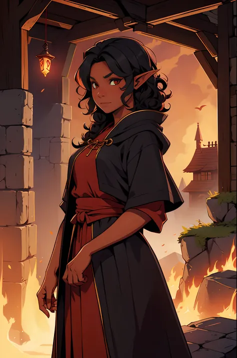 Solo, female, bard, standing, looking at viewer, red skin, tiefling, demon, cambion, fantasy village, linen tunic, cloak, black hair, curly hair