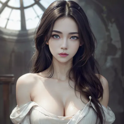 Best quality, masterpiece, ultra high res, (photorealistic:1.4), raw photo, 1girl, off shoulder dress, full body photo, cleavage, round breasts, crop top, abs, visible abs, ((beautiful eyes, perfect eyes, perfect iris)), human skin, realistic skin