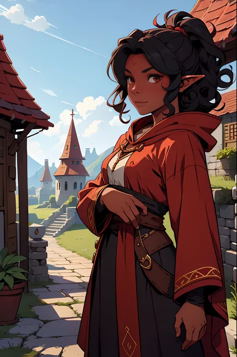 Solo, female, bard, standing, looking at viewer, red skin, tiefling, demon, cambion, fantasy village, linen tunic, cloak, black hair, curly hair