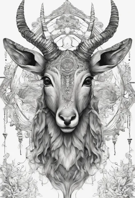 The head of the antelope with luxurious and striking horns, add floral details around it, bring a sense of horror and eerie feeling to the picture,(black and white image)