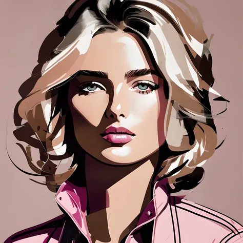 David downton fashion illustration, line art, blonde bob thin hair 1woman, andreea diaconu, trendy denim jacket, italy, grape, grape leaves, sunlight, pink, beige, dreamy, tea, laptop