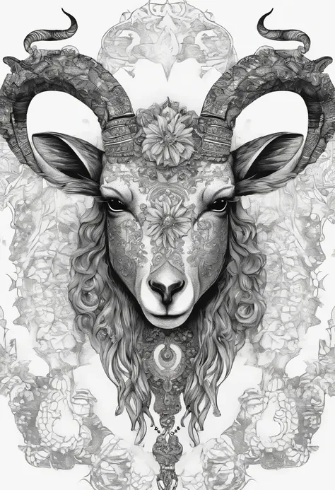 The head of the goat with luxurious and striking horns, add floral details around it, bring a sense of horror and eerie feeling to the picture,(black and white image)