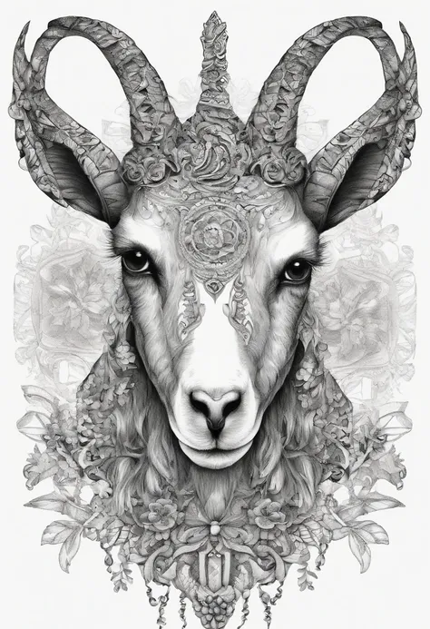 The head of the goat with luxurious and striking horns, add floral details around it, bring a sense of horror and eerie feeling to the picture,(black and white image)