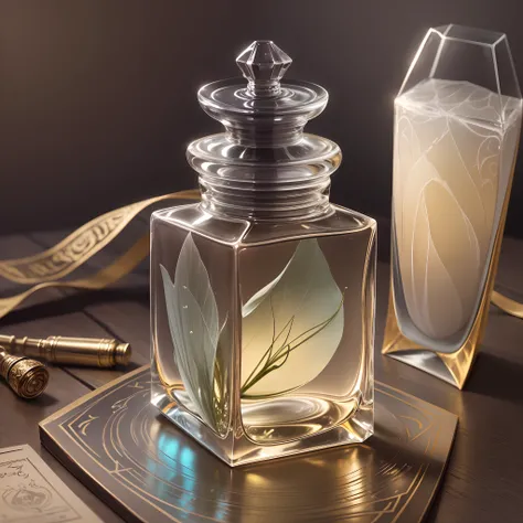 design a perfume bottle, inspired by a misty florest. --auto --s2